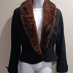 Vtg Walda Scott Ladies Lined Wool Peplum Jacket w/ Mink Collar - Sz S - NICE!